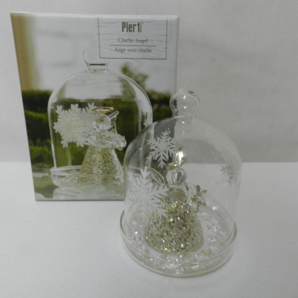 Pier 1 Imports Glass Cloche Angel Christmas Bell Figure Diorama Figurine w/ Box
